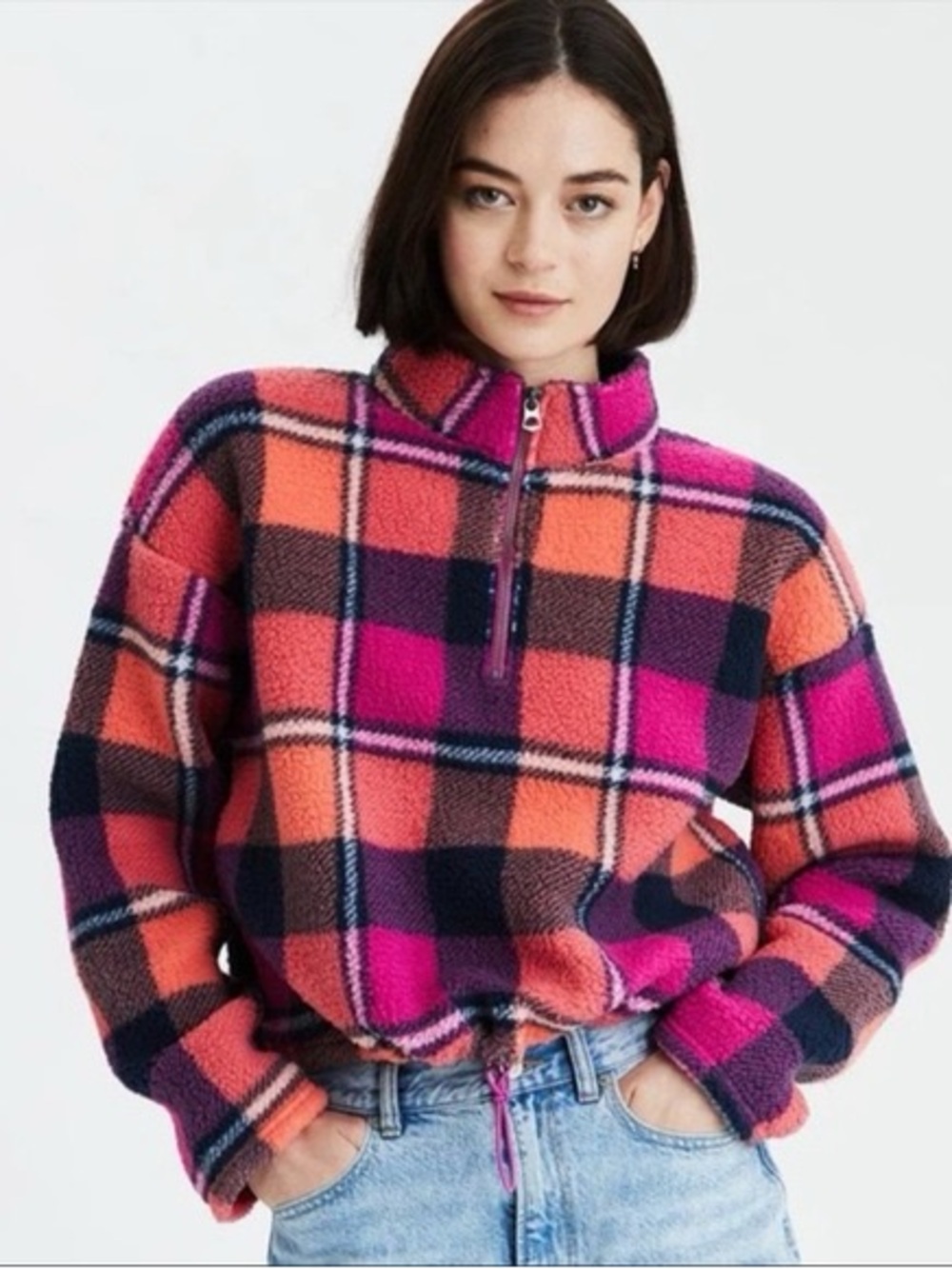 American Eagle Plaid Sherpa 1/4 Zip Cropped Fleece Pullover Size M - Picture 2 of 6